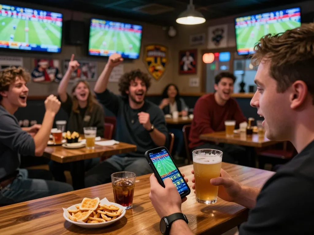 Engaged bettor using a smartphone for sports betting at a lively bar while cheering
