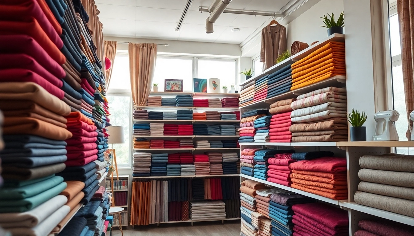 Koop stof per meter in een levendige stoffenwinkel met heldere verlichting.