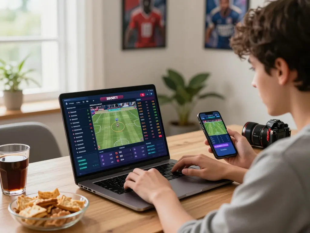 SBOBET88 live betting experience with a young adult placing bets on sports events from a home office.