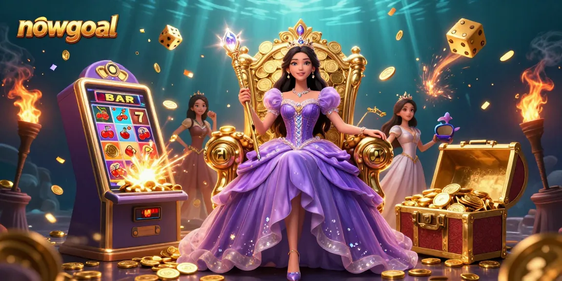 Experience excitement with nowgoal in a vibrant 3D casino scene featuring live slots and a regal princess.