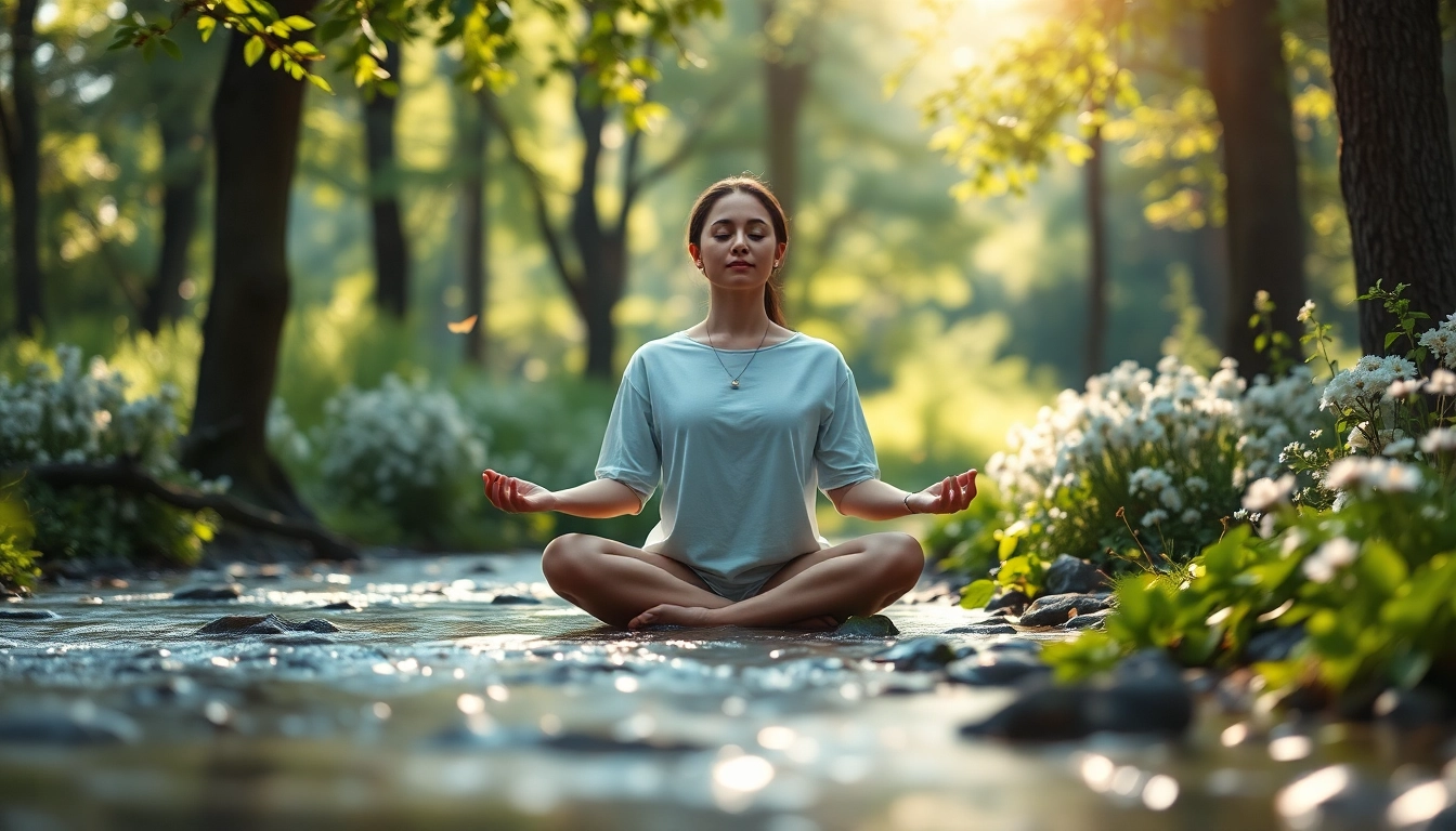 Meditating person surrounded by nature, promoting calmness from stress and anxiety.