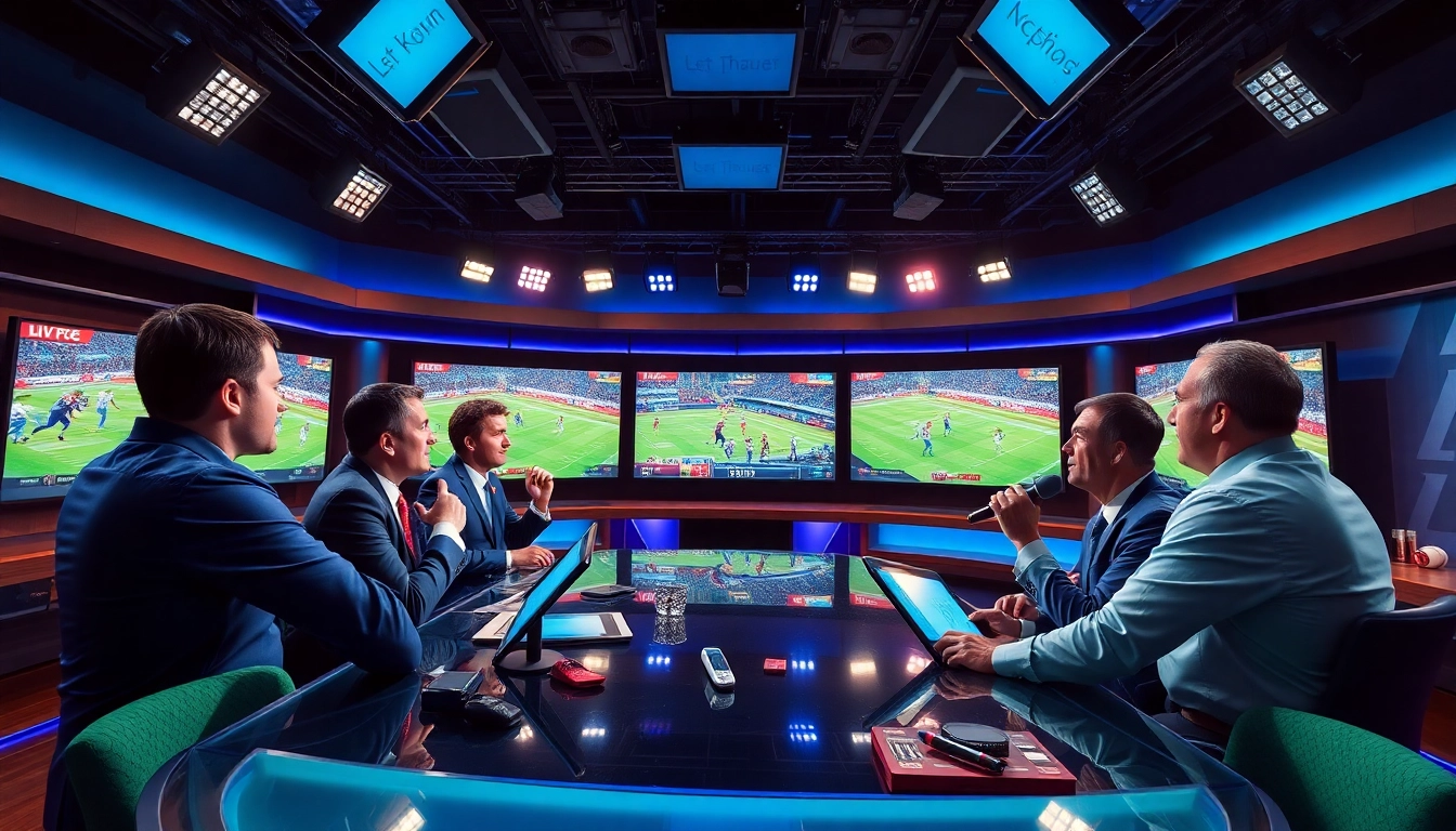 Hosts discussing Sports Broadcasting in a vibrant studio with live sports screens.