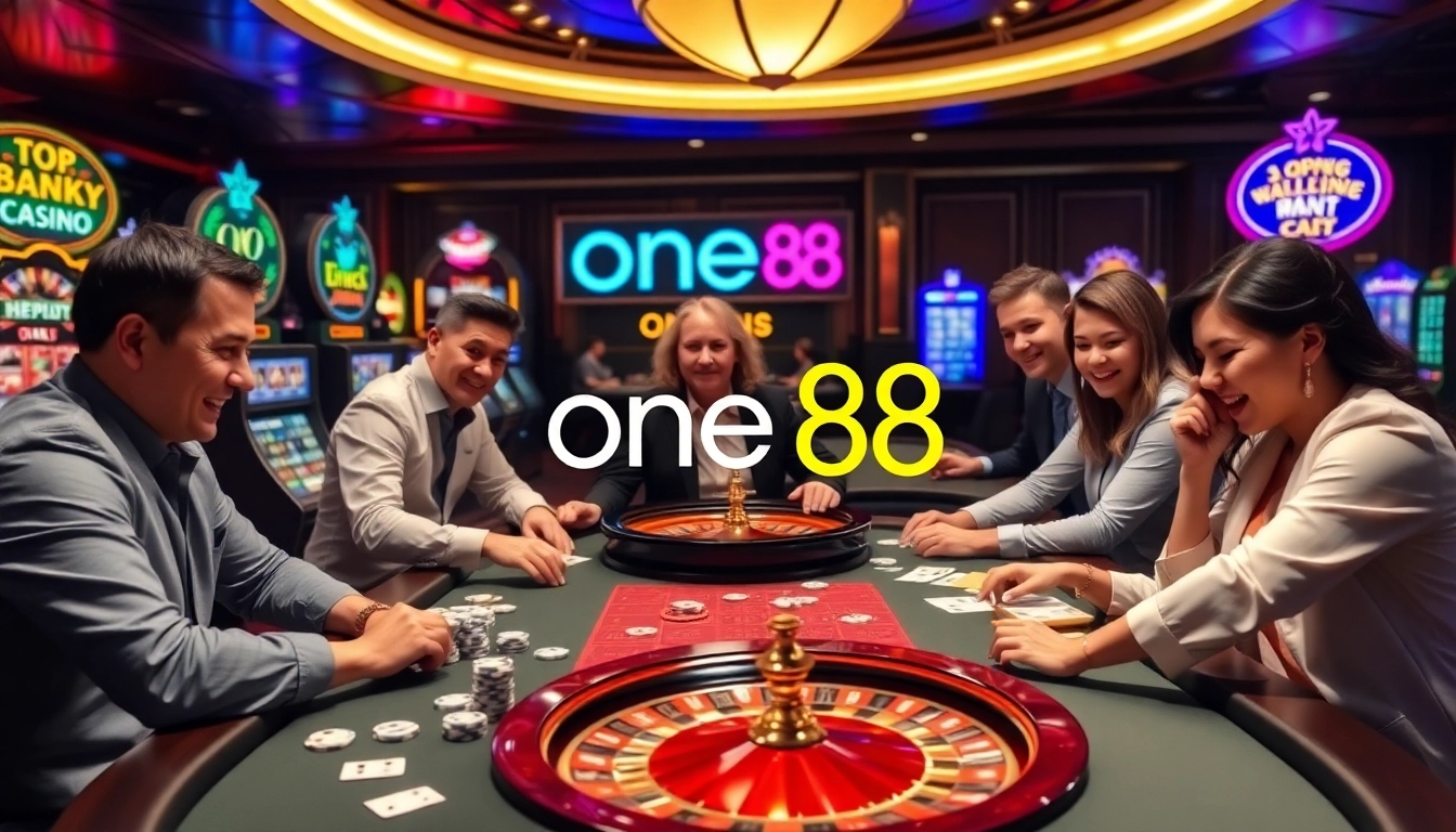 Players enjoy excitement at the one 88 casino table with vibrant slot machines.