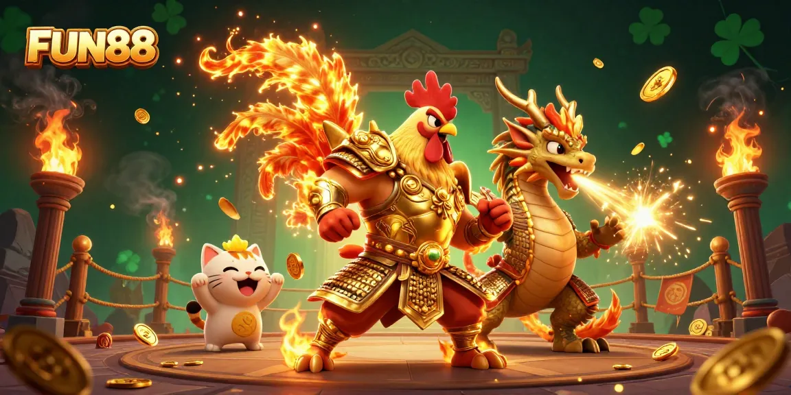 Engage with FUN88's thrilling gaming experience featuring a warrior rooster and dragon in an exciting casino setting.