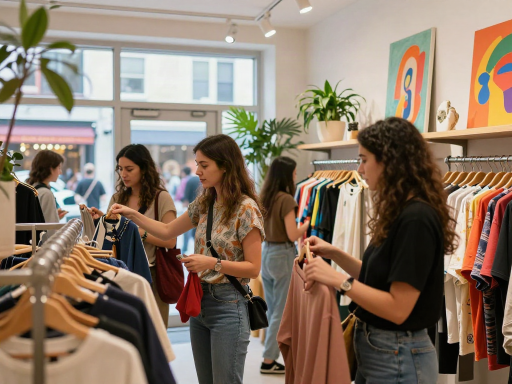 Youthful shoppers excitedly explore rokok88 fashion trends in a lively urban boutique.
