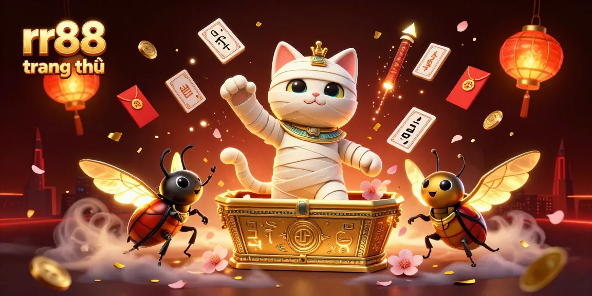 Engage with rr88 trang chủ, featuring a 3D cartoon mummy and golden elements in a vibrant casino scene.