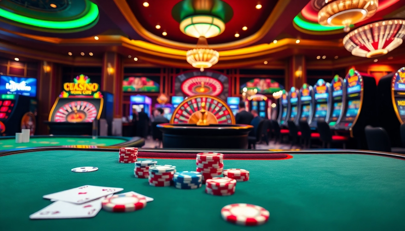 Exciting online gambling scene featuring website UU88 with vibrant casino tables and slot machines.