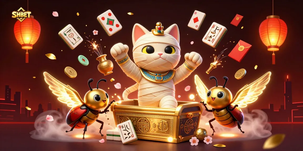 Experience the excitement at SHBET with a vivid scene featuring a mummy cat and glowing scarab in a vibrant casino.