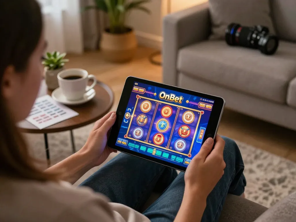 Engaging online gaming scene on OnBet platform with a player using a tablet to access exciting casino games