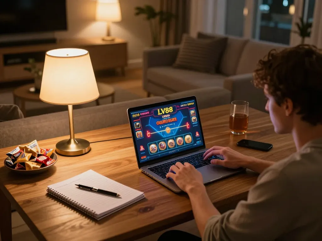 Player engages in LV88 online gaming at home, focusing on strategy and comfort.