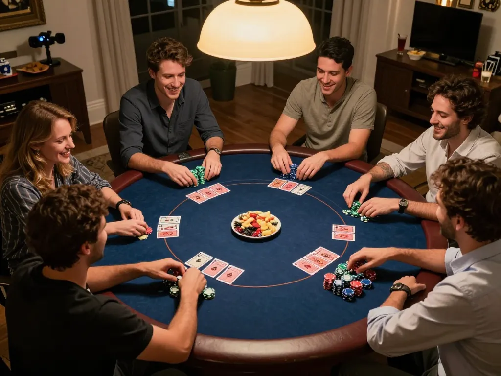 Players enjoying a thrilling poker game at home, experiencing F168 excitement in social setting.