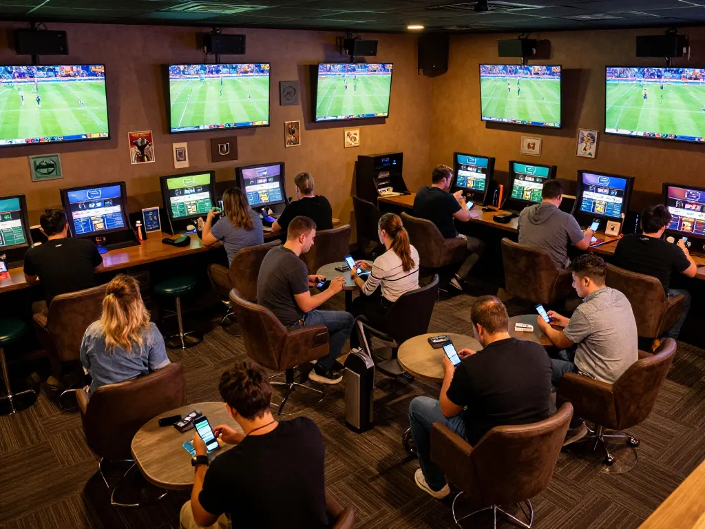 Daga enthusiasts engaging in live betting activities at an upscale sports lounge with vibrant displays
