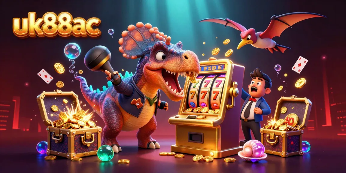 uk88ac jackpot scene with cartoon characters celebrating a slot machine payout amidst flying coins.