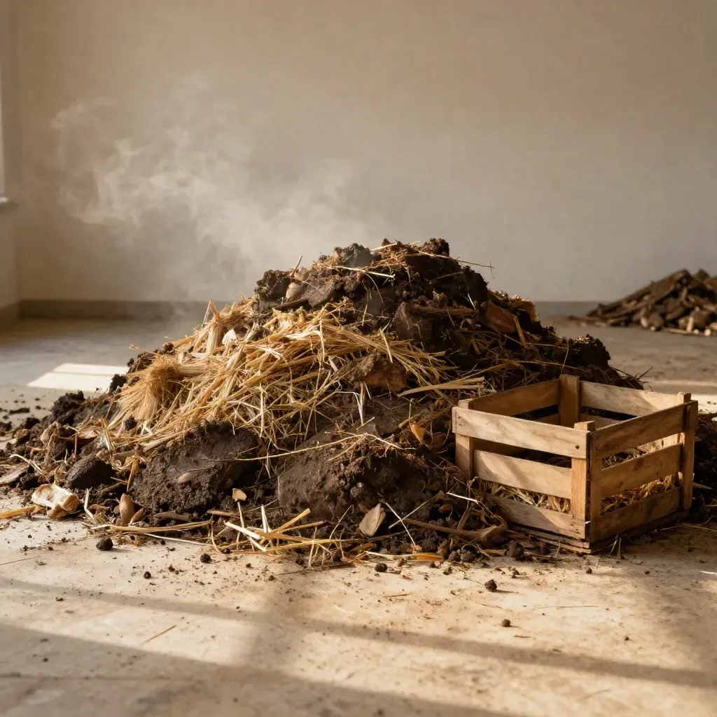 Cumulo di compost maturo che fuma accanto a una cassetta di aerazione in un fienile.