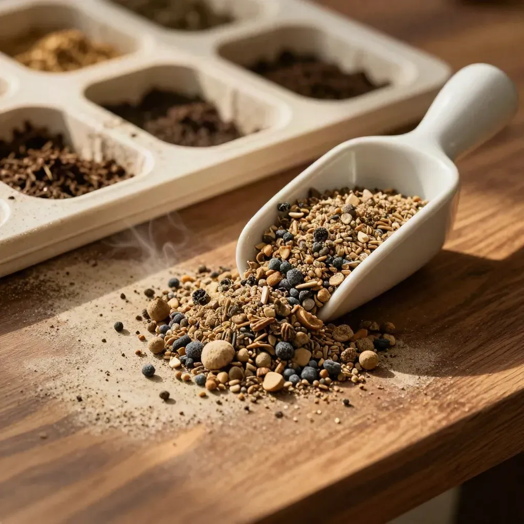 Concime organico pellettato e granuli di alghe accanto a una cucchiaio ceramico su banco da vivaio.