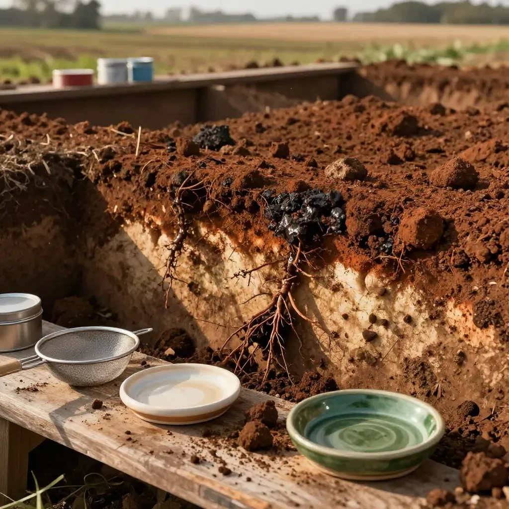 Profilo di suolo aperto con setacci, vaschette ceramiche e campioni del terreno