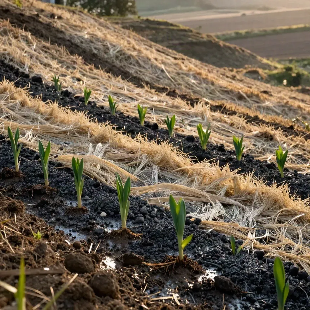 Terreno restaurato su un pendio con paglia, biochar e giovani piante native.