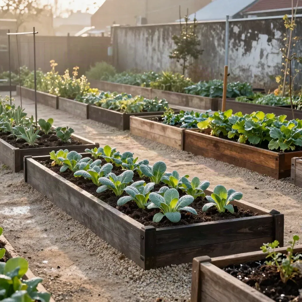 Orto urbano rigenerato con aiuole scure, compost e filari lucidi nella luce del mattino.