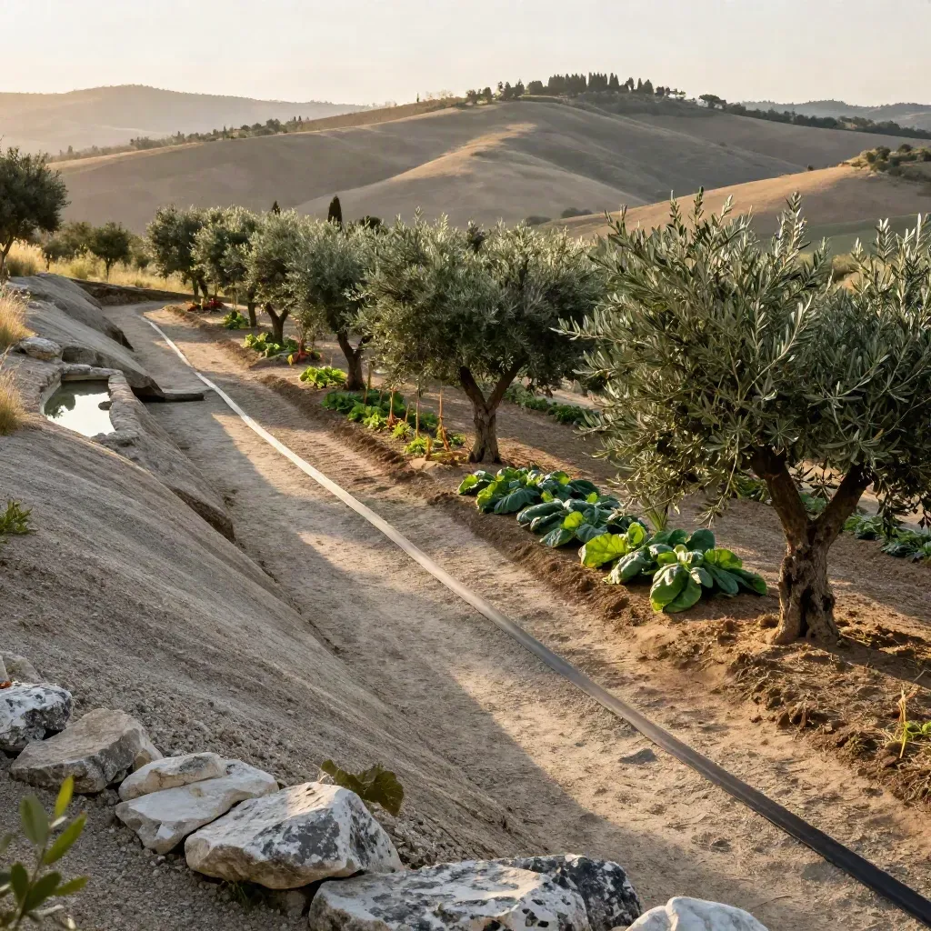 Terrazza toscana con olivi, ortaggi pacciamati e cisterna in pietra nella luce estiva.