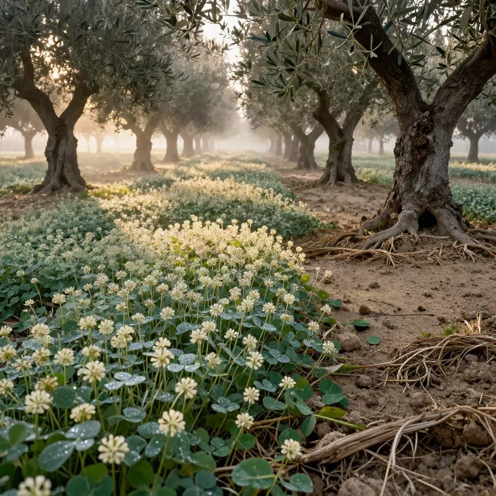 Primo piano di suolo vivo in oliveto umbro con coperture vegetali e fiori chiari