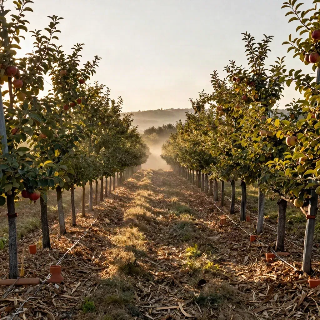 Frutteto di mele e pere con filari pacciamati e chioma ariosa nella luce calda.