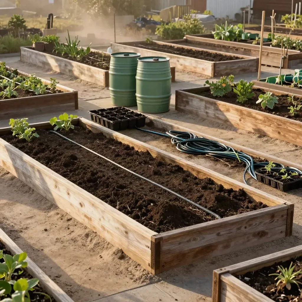 Orti sociali ordinati con aiuole riallineate, compost e fusti d’acqua in luce cinematica.