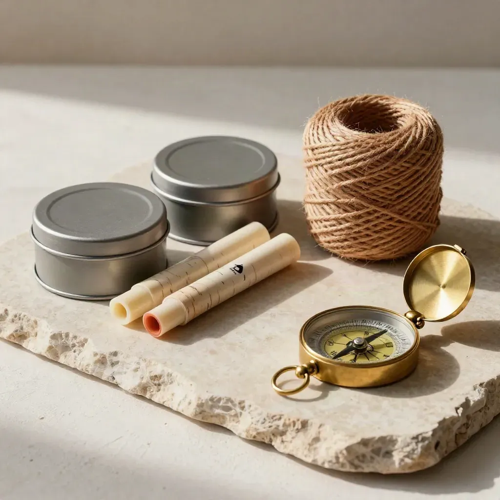 Tins campione, indicatori vegetali e cordino cerato su pietra chiara con bussola in ottone.