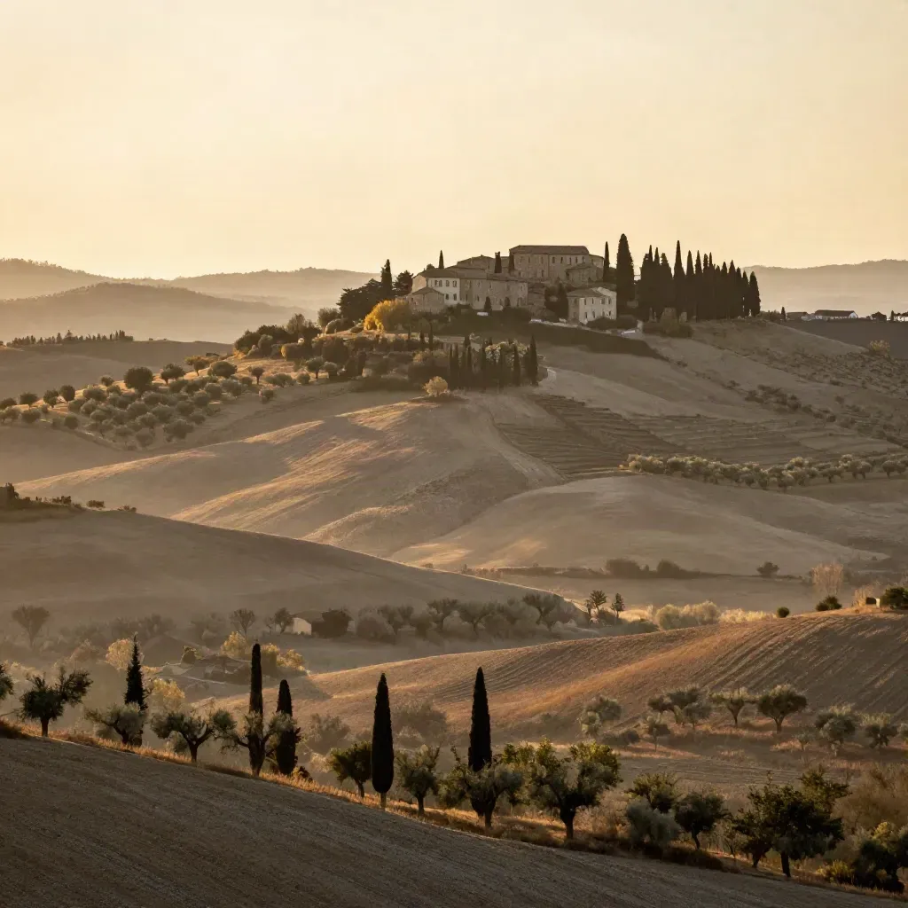 Colline toscane con cipressi e borgo in cima, valle calma e velata di foschia
