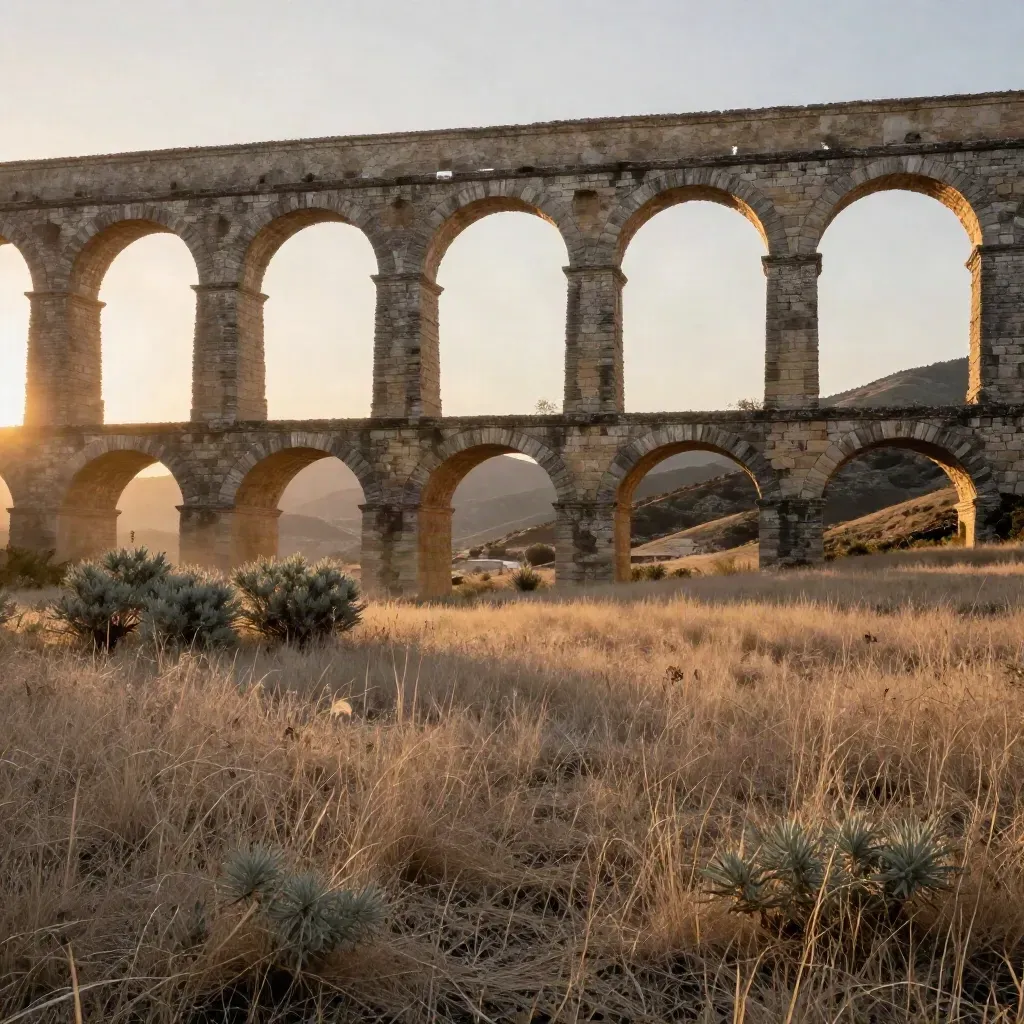 Acquedotto romano al tramonto nel Lazio sopra un prato morbido e colline dorate.