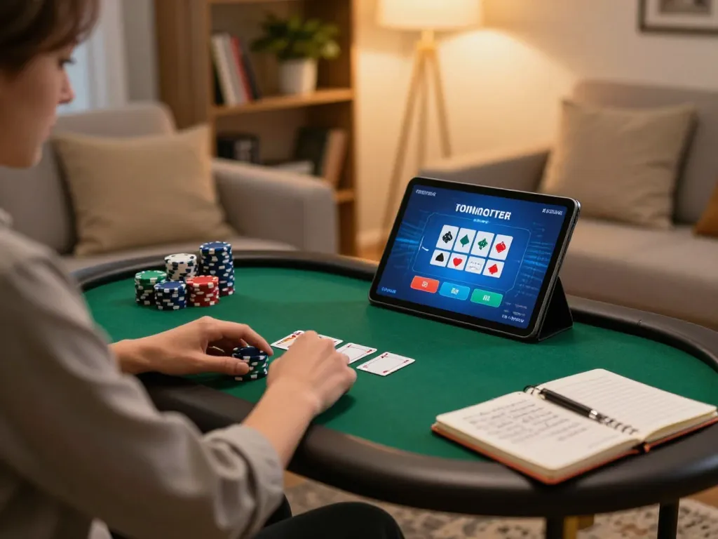 Player enjoying an online poker game on a tablet while strategizing betting plans at home with 888b.