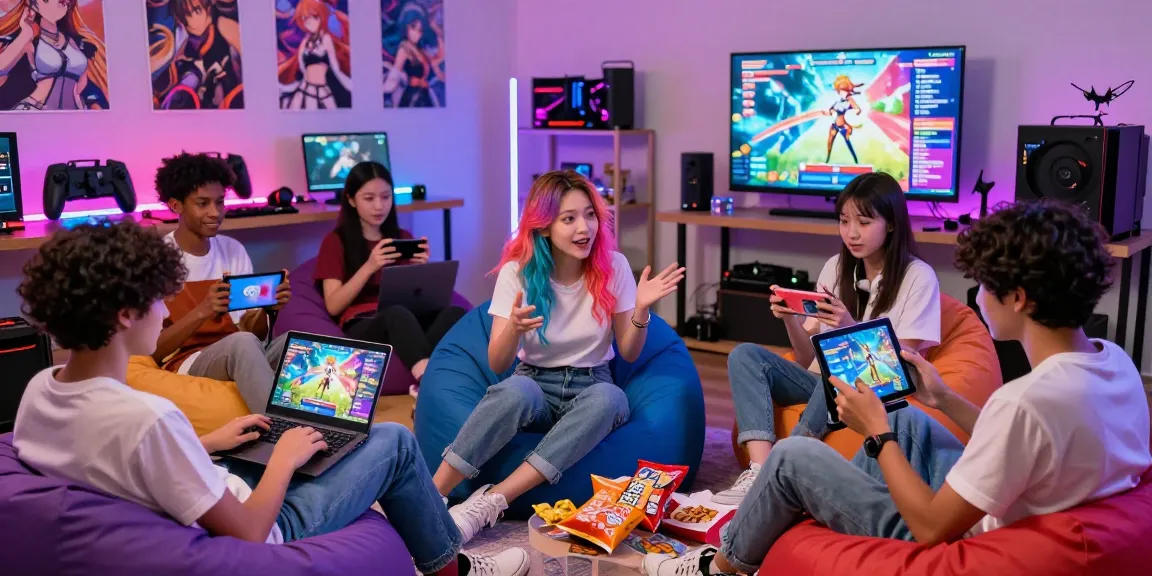 Engaged gamers playing a hentai game in a cozy, vibrant setting with colorful decorations and devices.