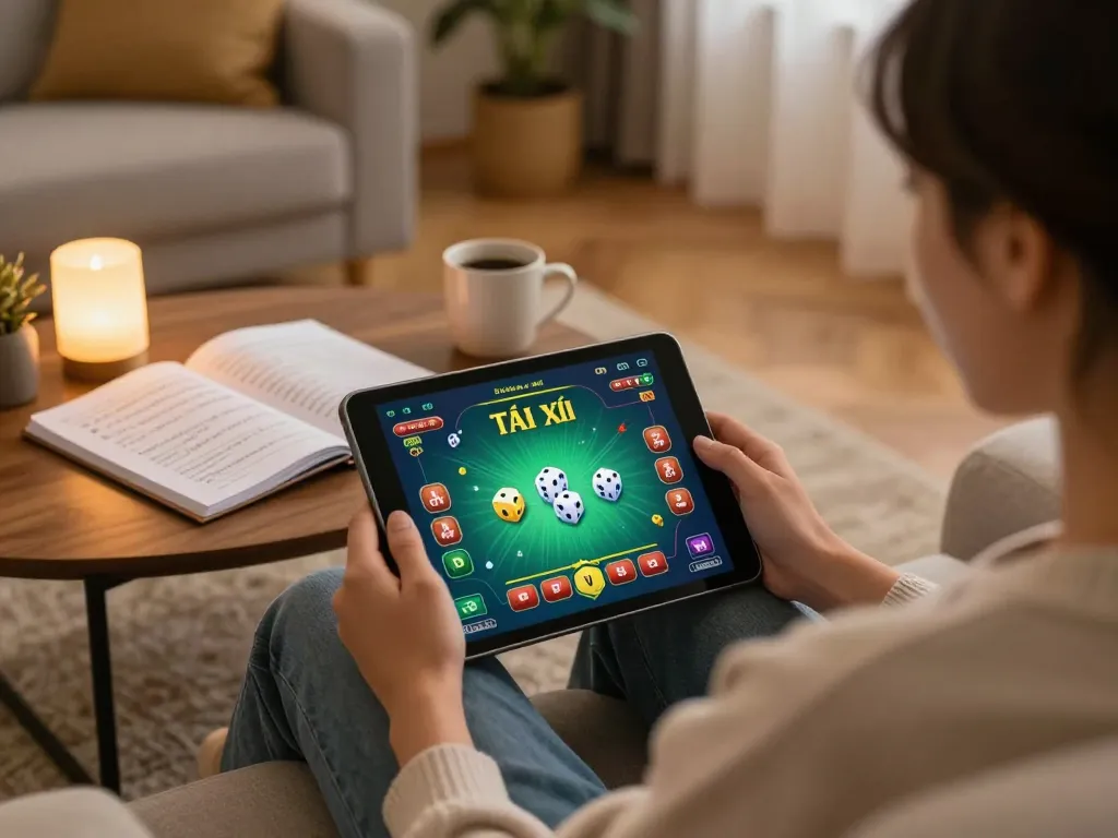 Playing Tài Xỉu online uy tín on a tablet in a cozy home environment, highlighting responsible gaming.