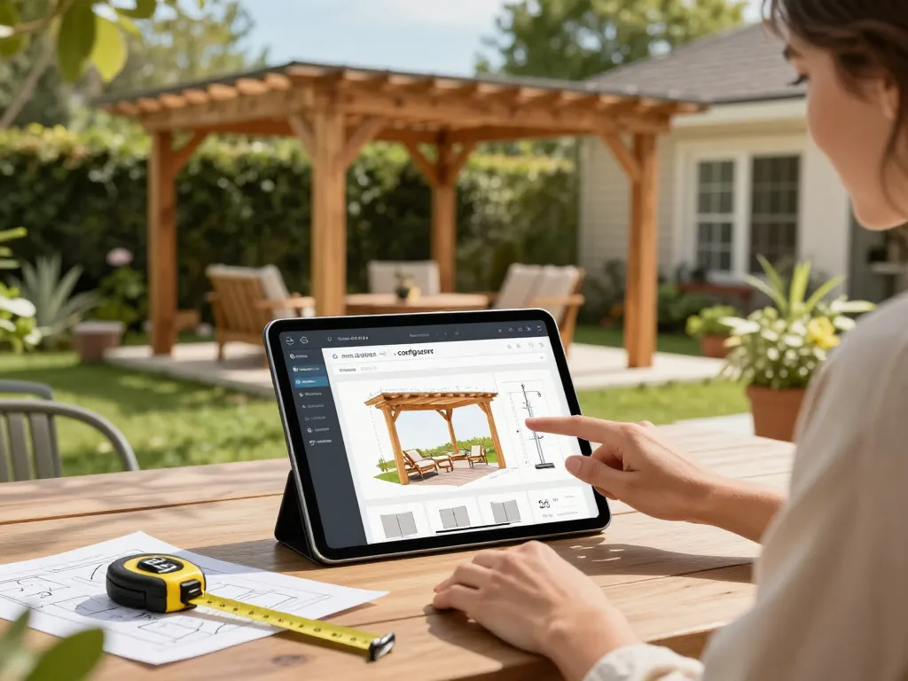 Engaging with a software configuratore pergole to design a custom pergola in a sunny backyard atmosphere.