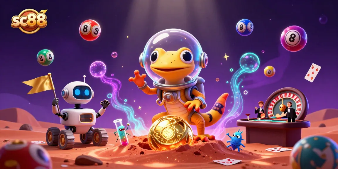 Engage with interactive gaming at SC88, featuring a Martian gecko and a robot rover in a casino.