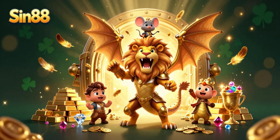 Experience thrilling wins with Sin88, featuring an epic chimera creature amid piles of gold and jewels.
