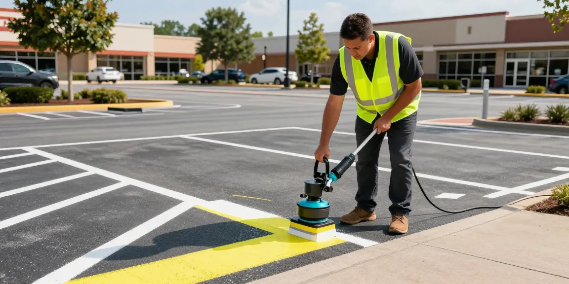Mobile parking lot striping with expert technician painting fresh lines on asphalt for safety and organization.