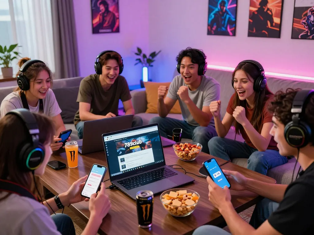 Group of friends enjoying 789club web gaming experience in a lively living room with bright decorations.