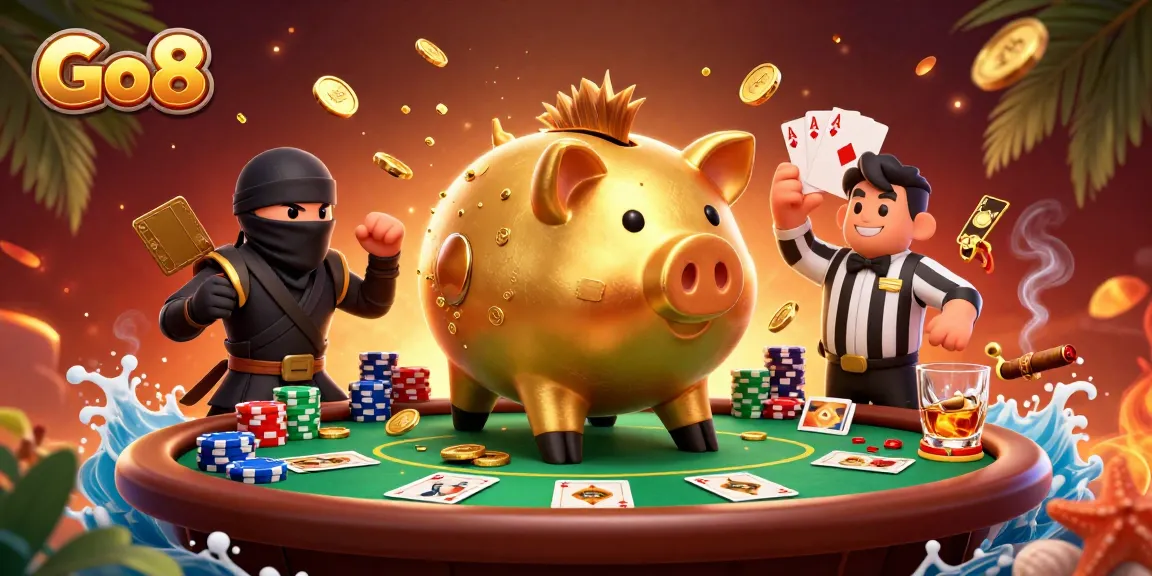 Go8 features a golden piggy bank sumo wrestler stomping gold coins, surrounded by poker elements.