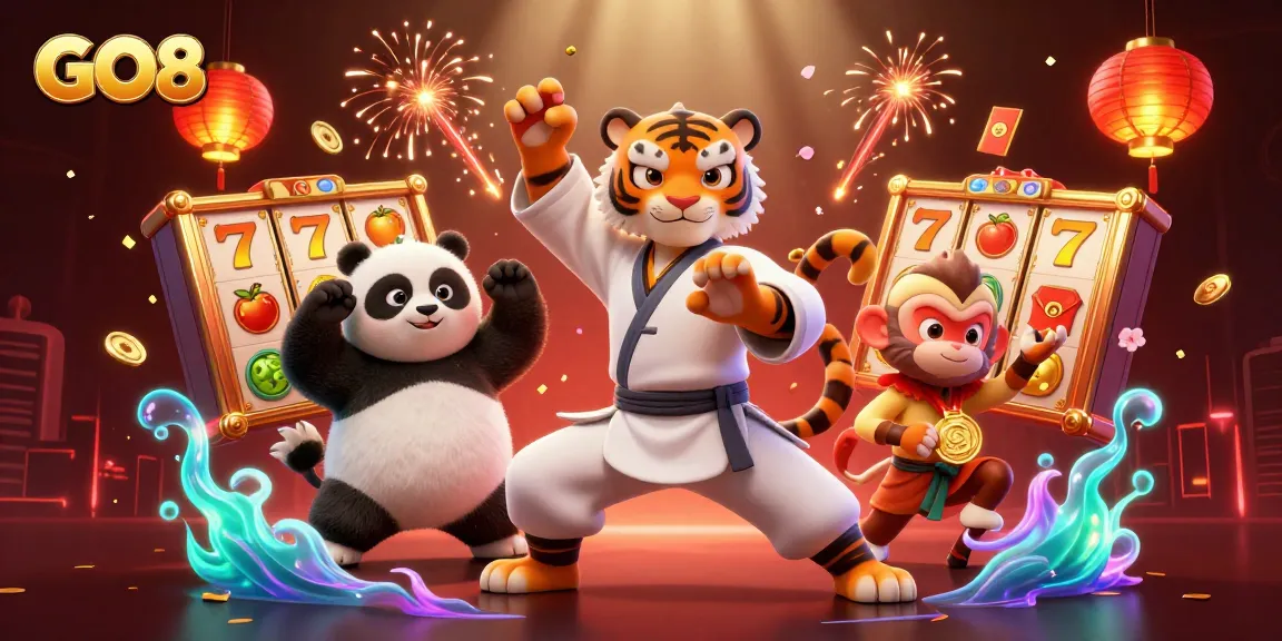 Experience dynamic gameplay at GO8 with kung fu tiger mastering slots in a vibrant casino scene.