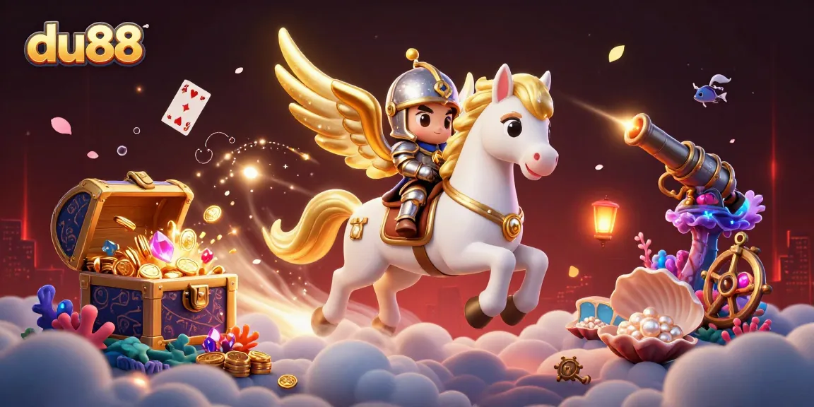 Experience du88 with a knight riding a celestial horse through a vibrant casino scene.