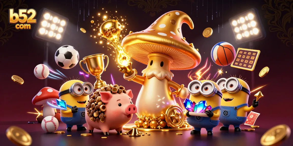 Bets fly high at b52 com with golden magic and sports-themed excitement in this thrilling illustration.