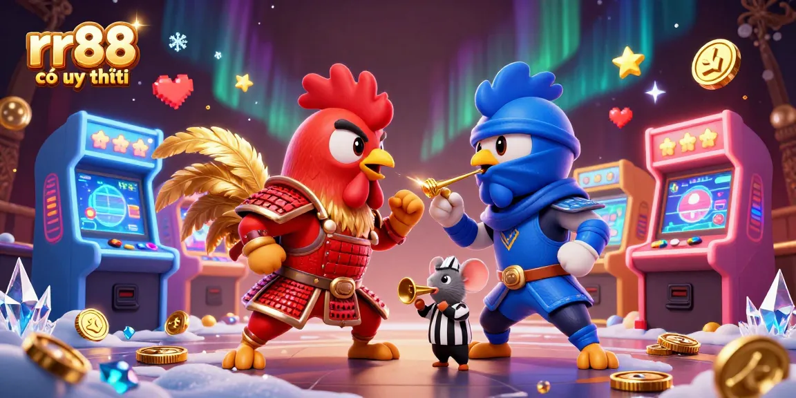 Engage with rr88 có uy tín as cartoon roosters battle in a vibrant, animated casino scene.