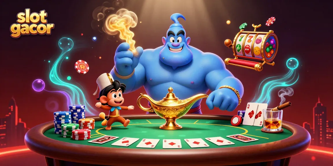 Experience the thrill of slot gacor in this vibrant 3D scene filled with poker elements and magical characters.