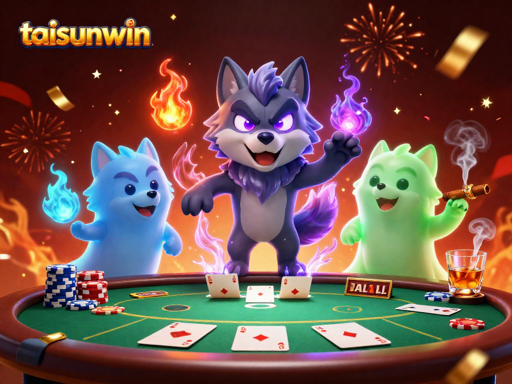 Engage with taisunwin in this vivid 3D casino scene featuring spectral wolves and poker excitement.