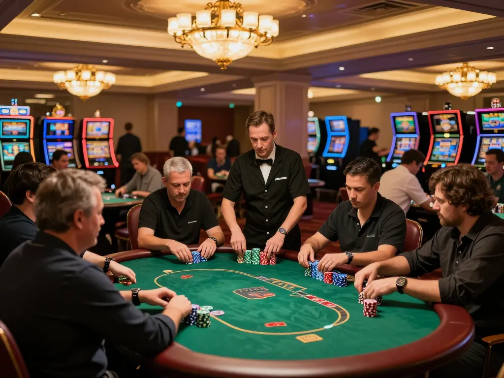 Players strategizing their next move at F8BET poker tables in an upscale casino, showcasing vibrant atmosphere and game intensity.