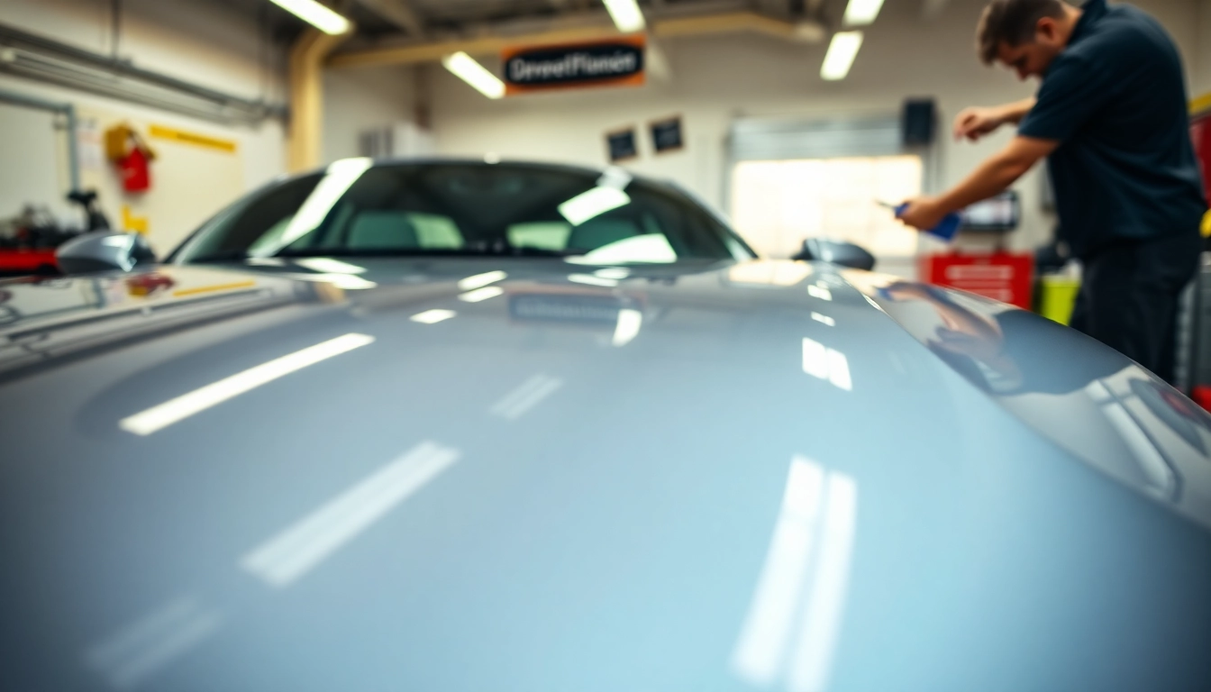 Applying paint protection film near me on a glossy sports car in a bright workshop.