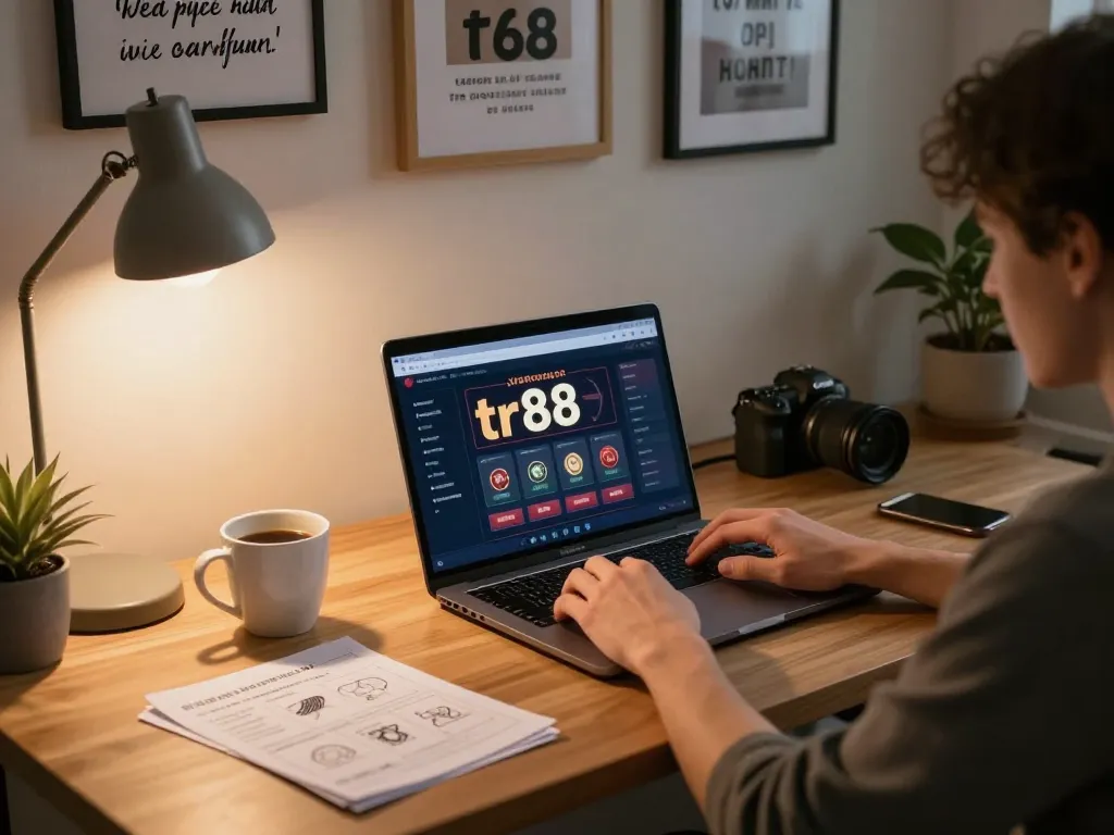 Engaging with tr88 online casino interface at home desk, showcasing responsible gambling.