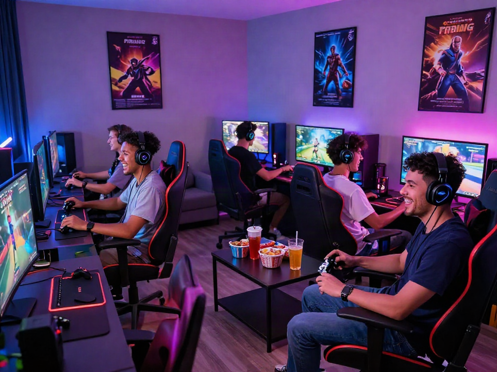 Friends enjoying multiplayer porn games in a vibrant gaming lounge, showcasing modern setups and social atmosphere.