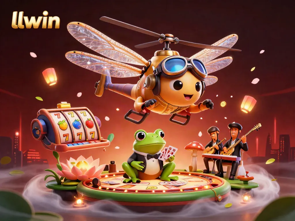 Engage with llwin's casino experience as a dragonfly pilot hovers over a lily pad casino, surrounded by vibrant game elements.