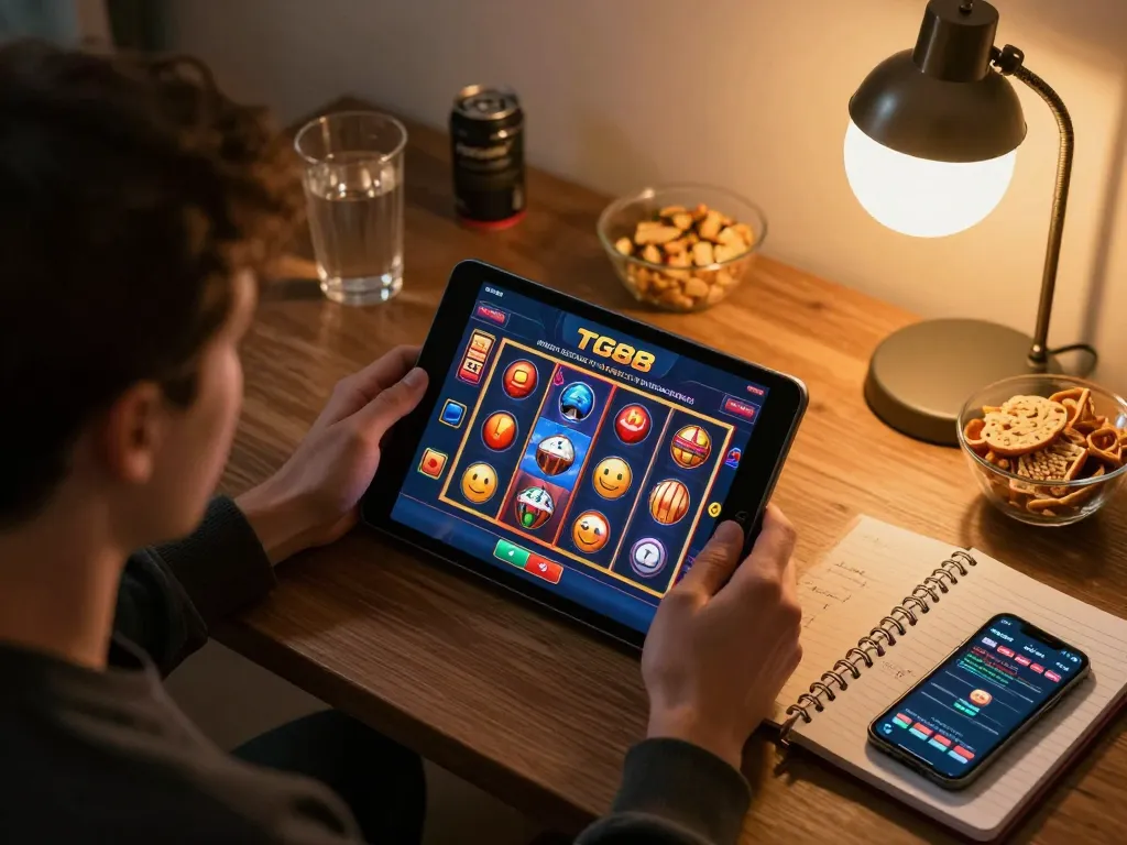 Player engaging with TG88 online casino on tablet, showcasing strategic gameplay and a cozy home atmosphere.
